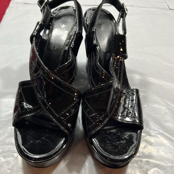 Via Spiga black shiny wedge sandals Strappy open toe ankle strap size 8.5M women - Picture 11 of 14